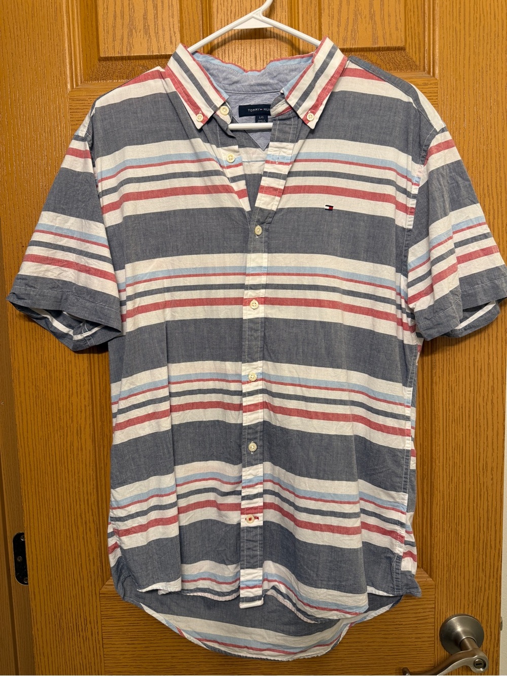 Tommy Hilfiger Short Sleeve Button-Down Stripe Shirt Blue White, Red 100% Cotton
